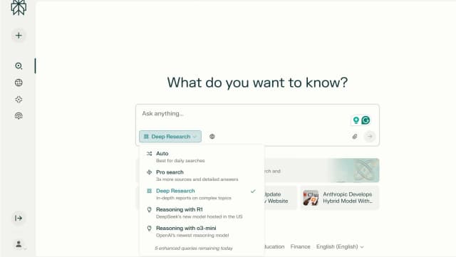 Conceptual graphic of Perplexity's Deep Research AI interface, showing abstract data and connections.