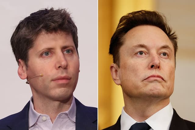 Portraits of Sam Altman and Elon Musk, split screen. Altman on left, Musk on right, against a neutral background.