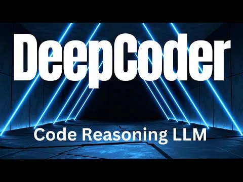 Abstract digital graphic illustrating the DeepCoder-14B AI model analyzing and generating programming code.