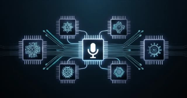 A soundwave transforms into a neural network, symbolizing Mistral's Voxtral, an open-source MoE text-to-speech model.
