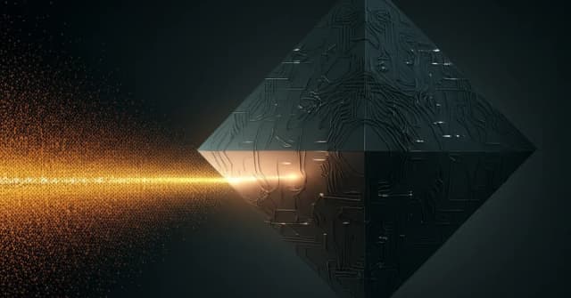 A film reel unspooling into a digital data stream that hits a wall, symbolizing the Lionsgate-Runway AI project's data insufficiency.