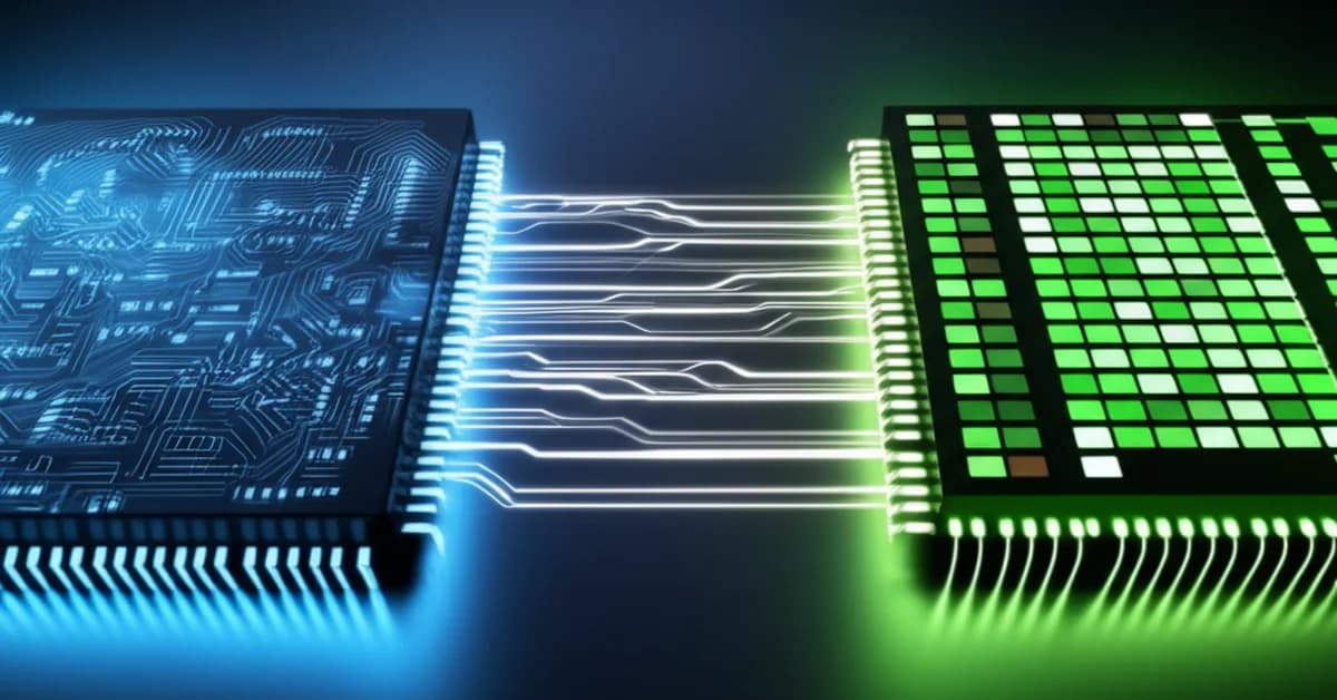 Illustration of an Intel CPU and NVIDIA GPU chiplet integrated on a single SoC, connected by a high-bandwidth NVLink bridge.